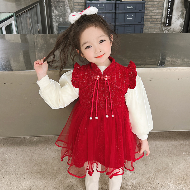 KA女童雪尼尔背心裙套装秋冬新款儿童新中式加绒网纱公主连衣裙