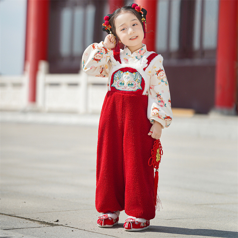 KA儿童龙年背带裤年服套装秋冬新款女童俏皮新年两件套织里童装