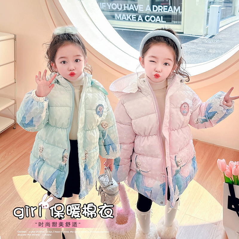 龙年女童保暖棉服冬季2023新款洋气加绒加厚爱莎连帽印花小女孩棉