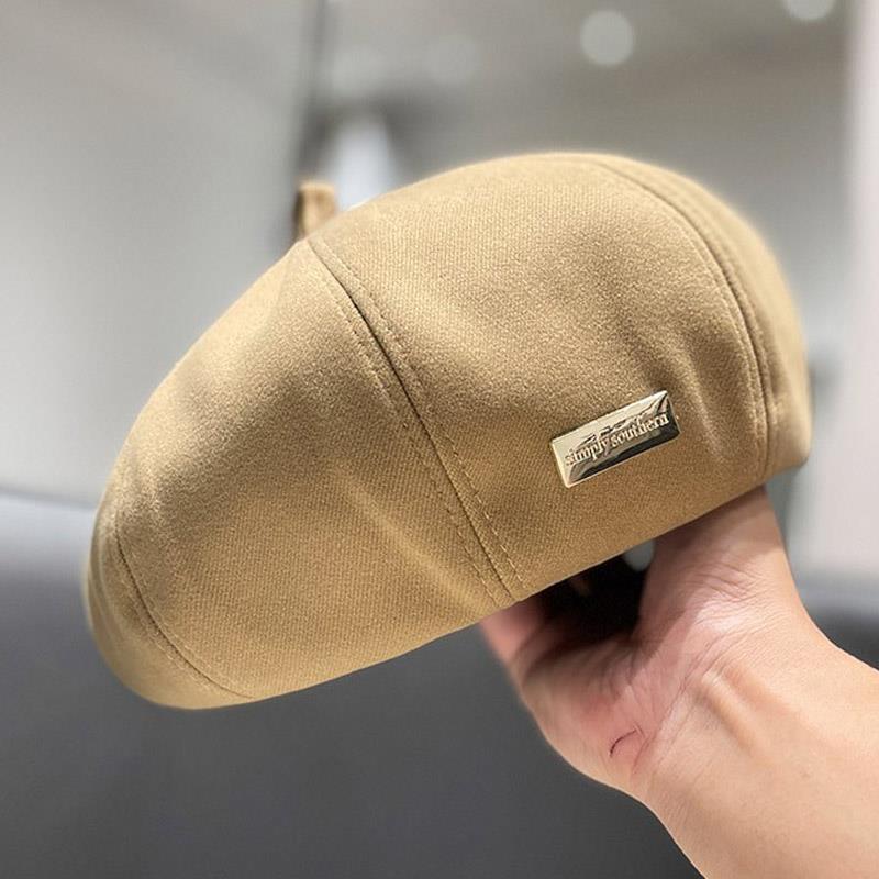 毛呢八角贝雷帽子女秋冬季日系简约字母标小众百搭休闲画家蓓蕾帽