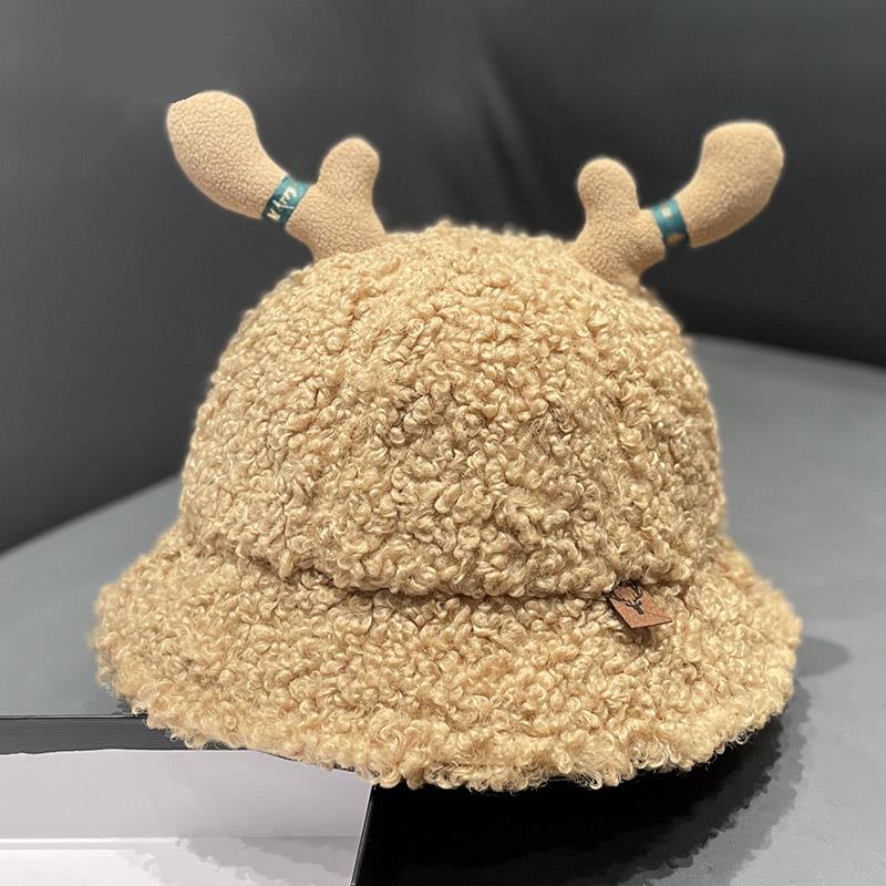 时尚卡通鹿角可爱耳朵渔夫帽子女冬季羊羔毛加绒冬天毛绒绒盆帽潮