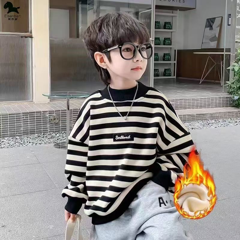 加绒男童卫衣条纹宽松长袖打底衣圆领卫衣休闲上衣中小童韩版T恤