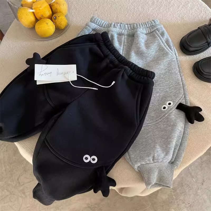 新款儿童加绒长裤男童冬款束脚裤宝宝加厚卫裤女童可爱保暖休闲裤