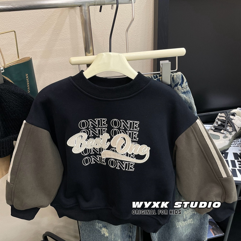 男童加绒卫衣冬季新款中小童韩版酷帅休闲拼色保暖一体绒套头上衣