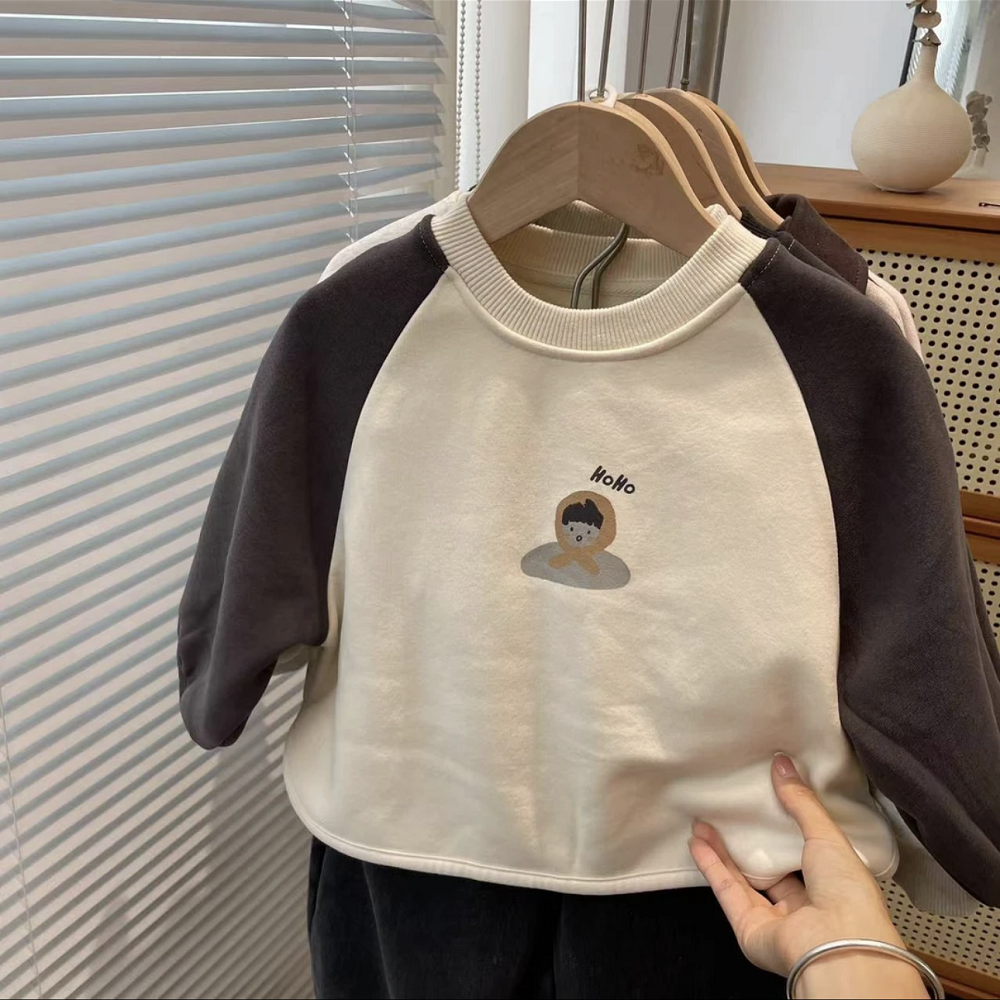 儿童韩版加绒卫衣2025秋冬新款男女童宽松休闲卡通撞色打底衫上衣