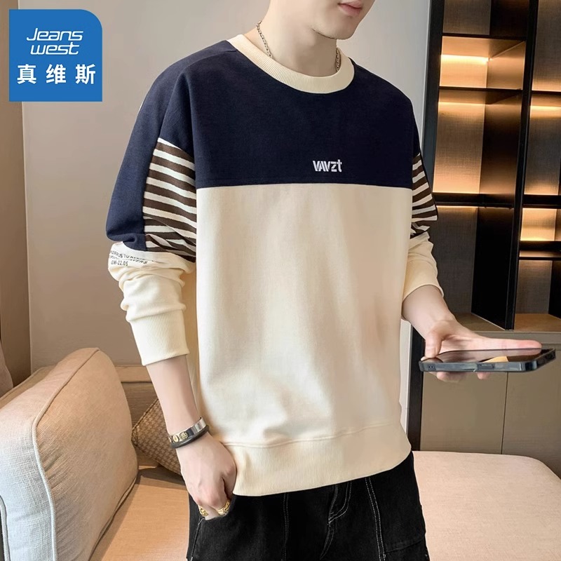 Jeanswest/真维斯长袖t恤男士春秋季拼接圆领潮流卫衣打底衫衣服