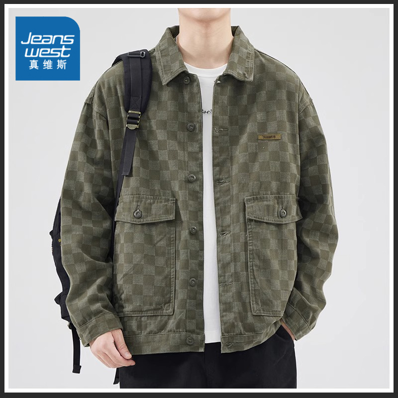 Jeanswest/真维斯格子夹克春秋季男士潮流宽松外套舒适潮牌上衣