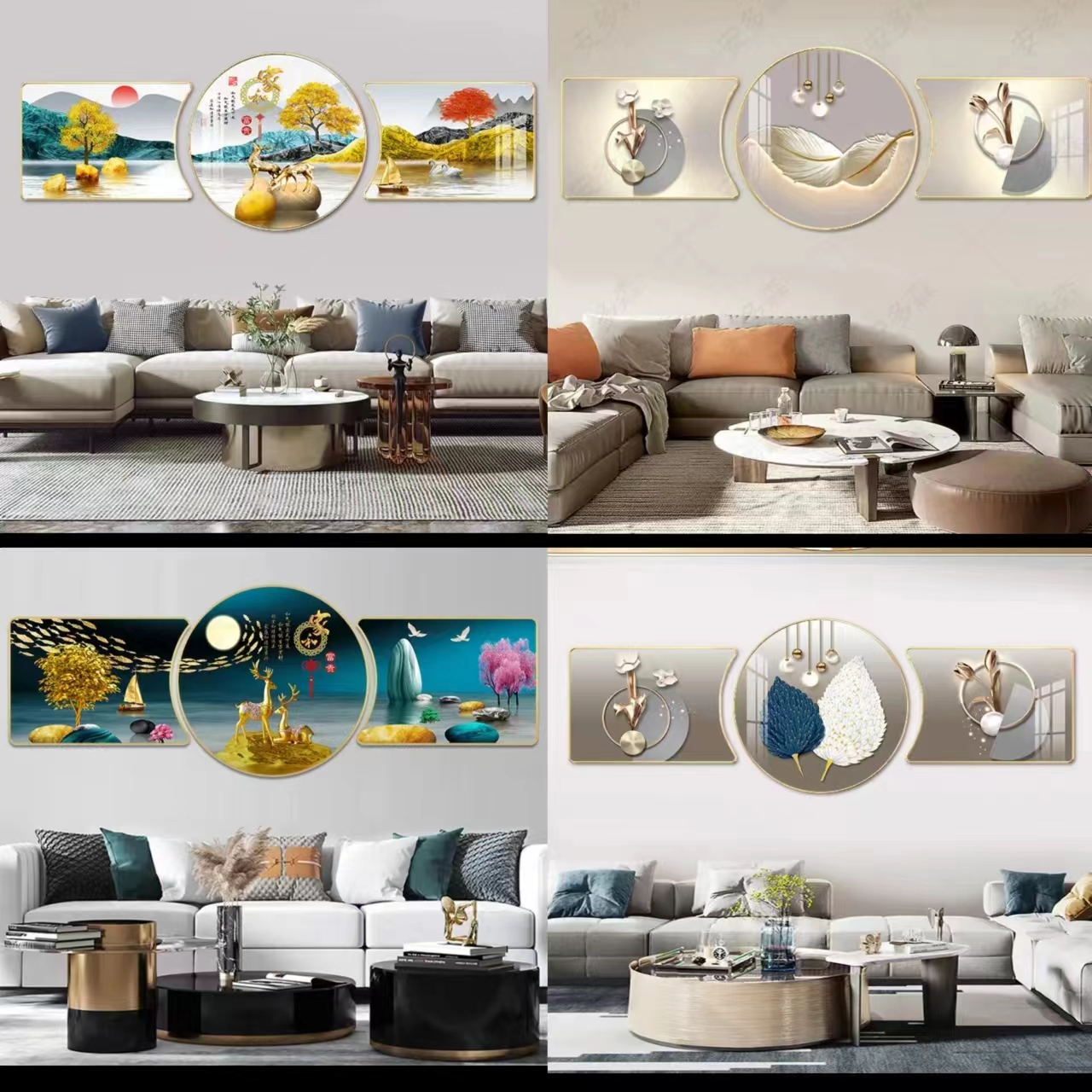 晶瓷珠联璧合客厅装饰画水晶新中式挂画现代简约壁画圆形客厅画