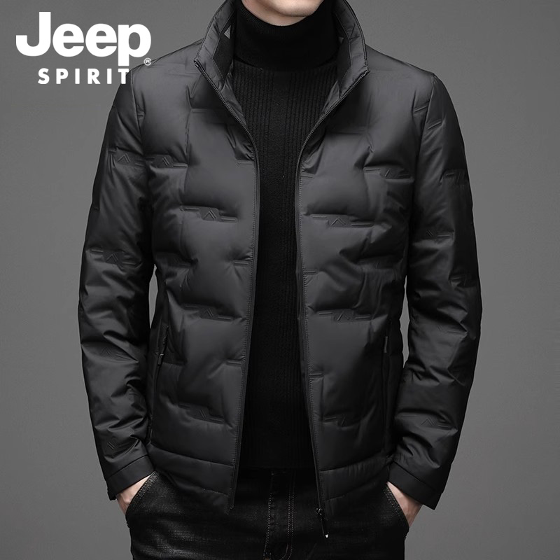 Jeep吉普男士羽绒服男款冬季保暖白鸭绒立领商务休闲黑色外套男