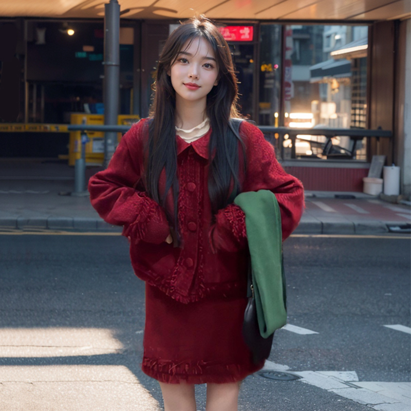 2023年冬季气质小个子红色可爱减龄小香风娃娃领短外套半身裙套装