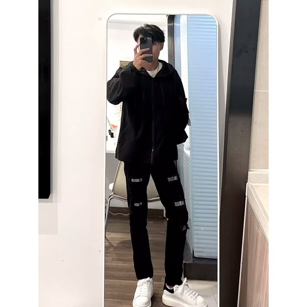 美式修身黑色小脚裤破洞烫钻牛仔裤男网红痞帅高街直筒休闲长裤子