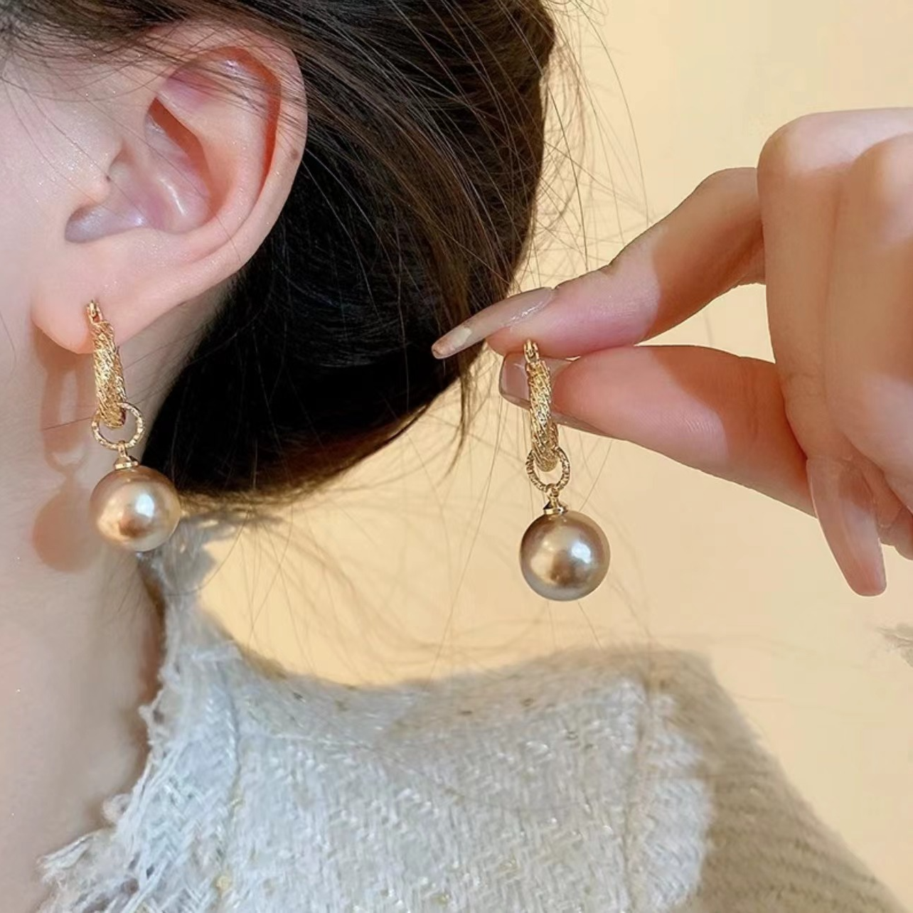 铜合金耳饰 【珠光曲】法式两戴气质百搭高级感耳圈耳环-546