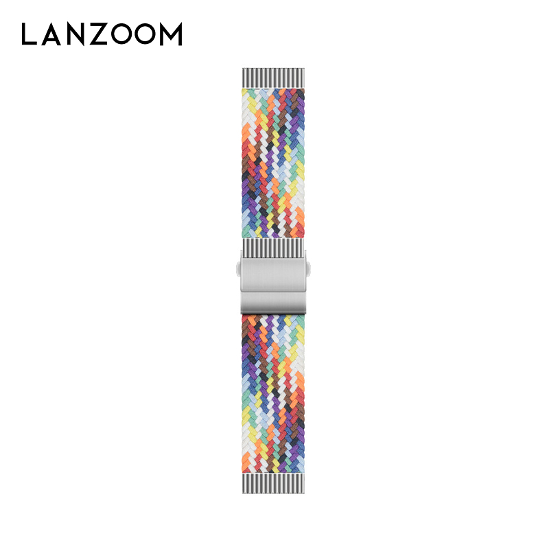 LANZOOM 手表带弹力尼龙编织表链20mm彩虹色黑色橄榄色表带配件