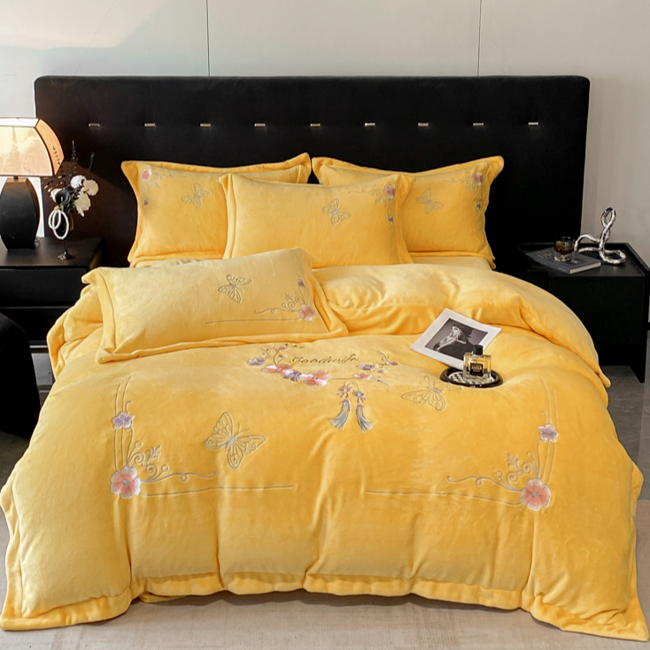 【戴妃黄】轻奢绣花婴肤绒四件套加密刺绣牛奶绒被套柔软被罩床单