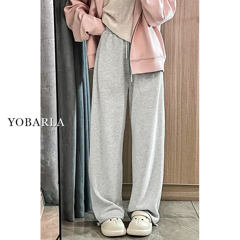 浅灰阔腿休闲裤女冬季加绒大码胖mm宽松梨形身材直筒运动卫裤