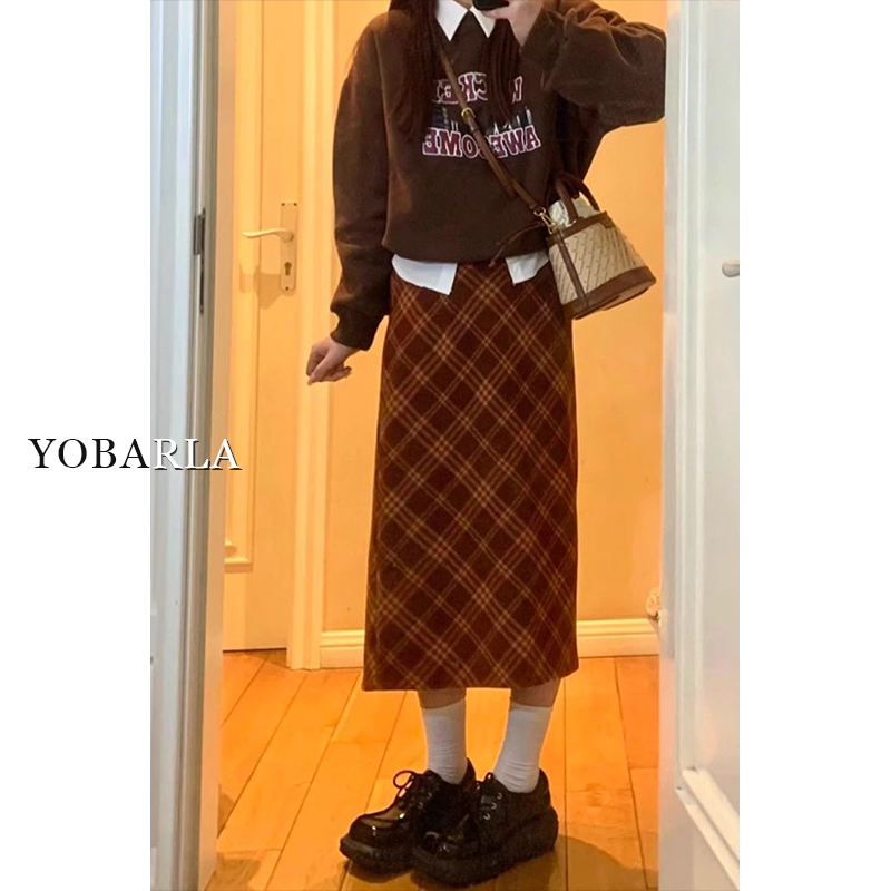 格子毛呢半身裙女秋冬新款高腰大码宽松显瘦遮肚子中长款a字裙子