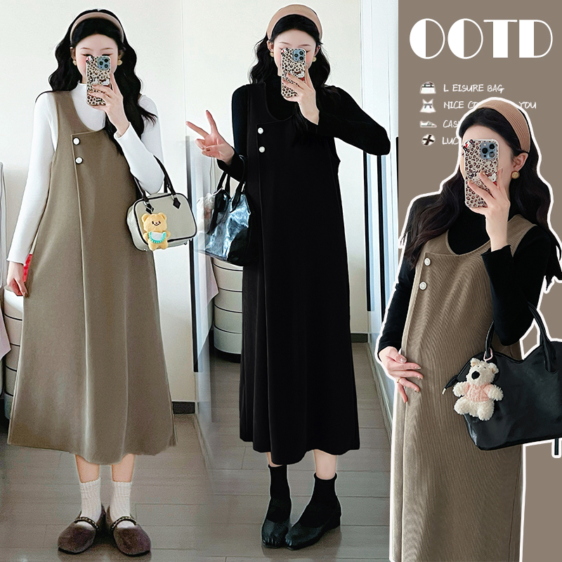 春秋装孕妇装时尚套装韩版中长款显瘦孕妇背带连衣裙大码两件套