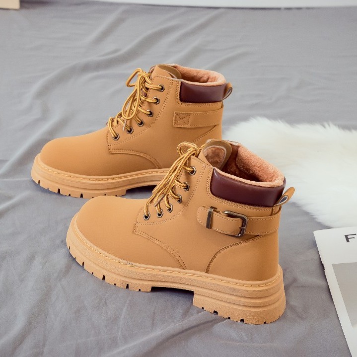 人本Renben旗舰店/冬季加绒新款大黄靴高帮复古百搭休闲马丁靴女