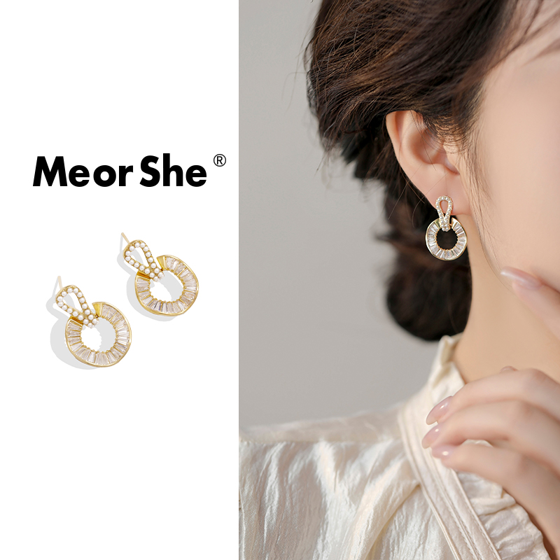 MeorShe 铜合金耳饰 法式复古时尚轻奢满锆镶嵌气质珠珠耳环小众