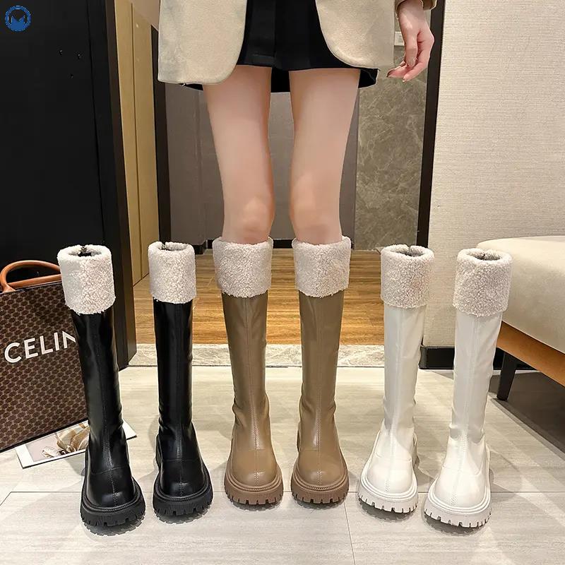 翻毛长筒靴女2023年冬季新款加绒保暖骑行靴厚底高筒瘦
