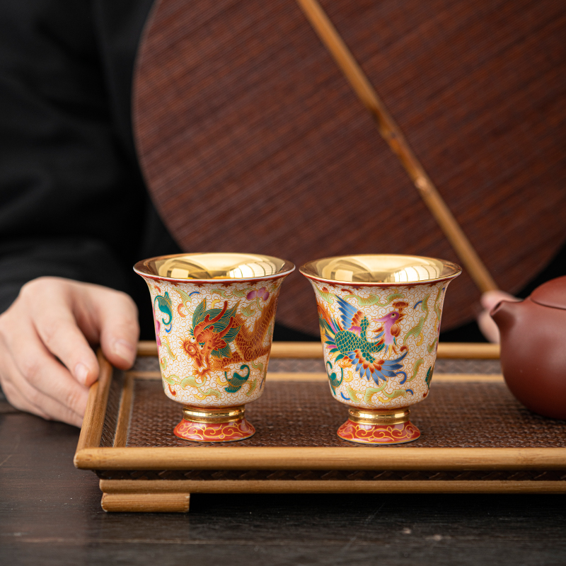 掐丝珐琅彩龙凤对杯鎏金茶杯个人专用主人杯金杯金盏酒杯