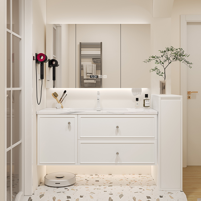 【工厂直发】奶油风浴室柜组合岩板无缝陶瓷一体盆卫生间洗漱台盆柜