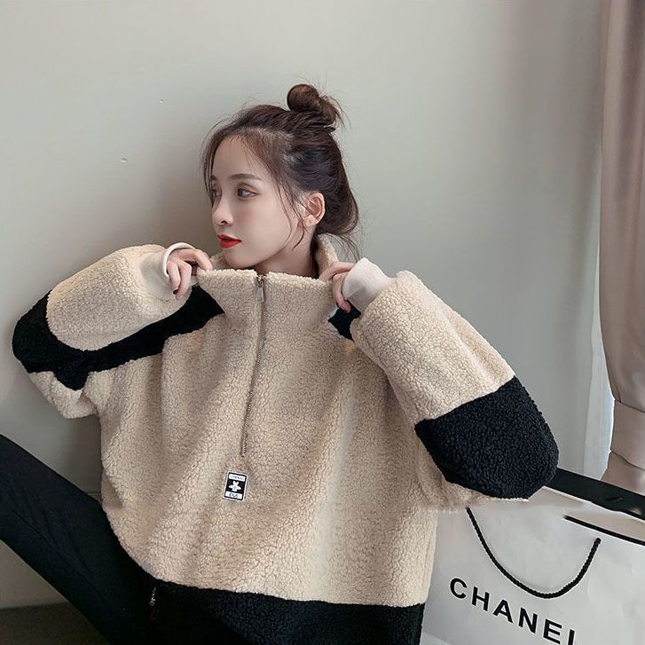 卫衣女潮ins冬季加绒加厚2022新款秋冬宽松学生高领羊羔毛绒外套