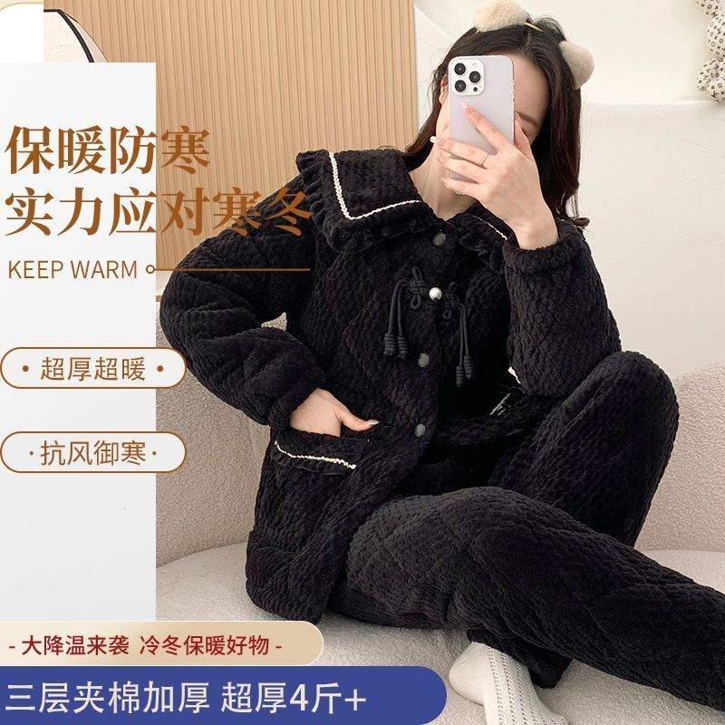 冬季夹棉加厚女睡衣翻领复古盘扣潮流加绒保暖可外穿家居服两件套