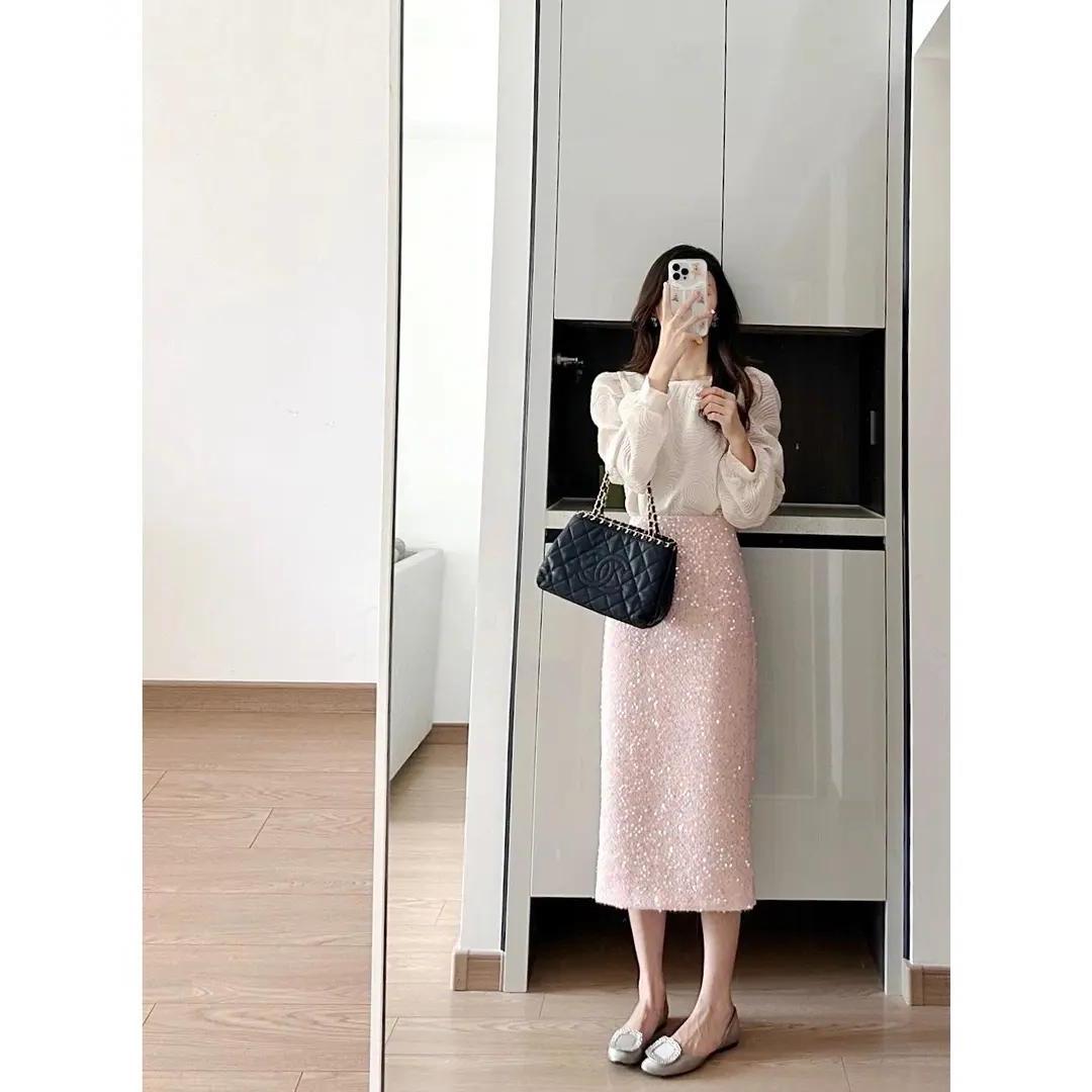 2023秋装新款韩版温柔风重工浮雕刺绣衬衫亮片直筒包臀裙两件套