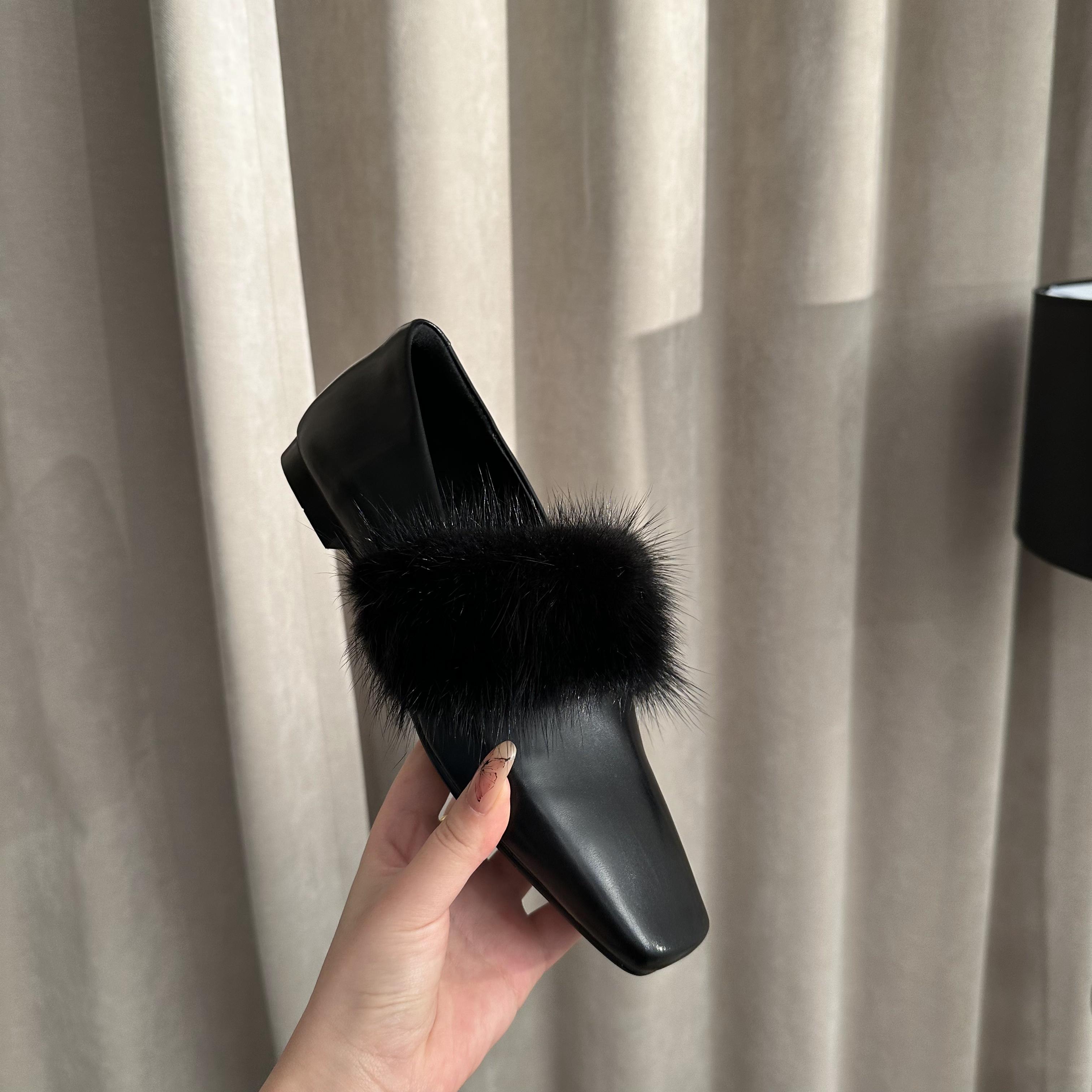 法式秋冬平替好物方头低跟水貂绒女鞋时尚百搭胎牛皮软皮女单鞋