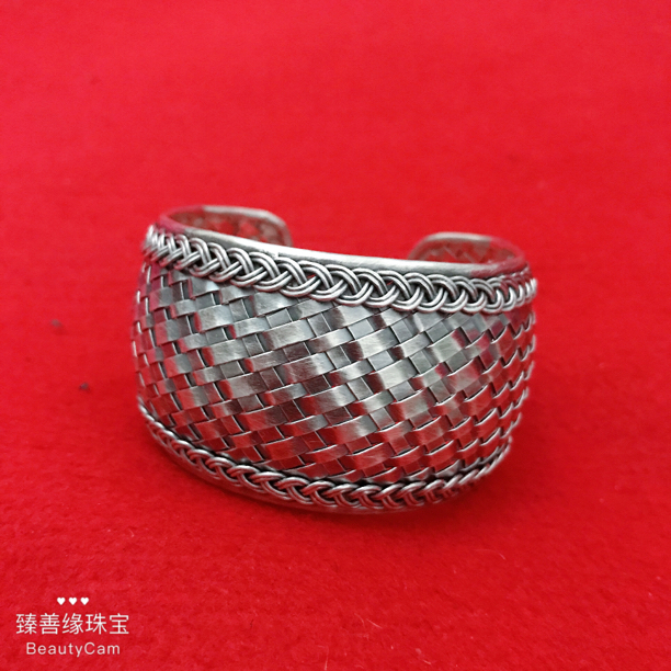 925银手镯 【臻善缘】清迈手工银手镯个性民族风银镯子编织宽版镯