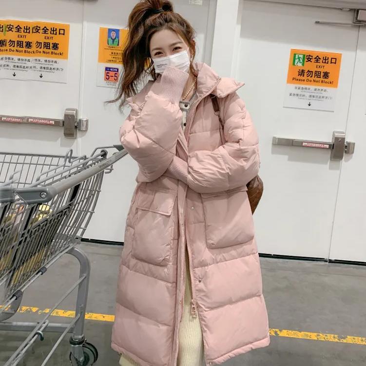 雅鹿羽绒服连帽大口袋面包服羽绒服女宽松韩版气质中长款过膝白鸭