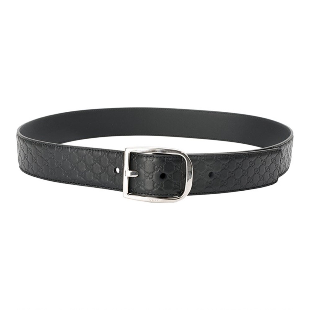 未使用 GUCCI/古驰 简约压纹银色针扣牛皮印花黑色皮带腰 带宽4cm