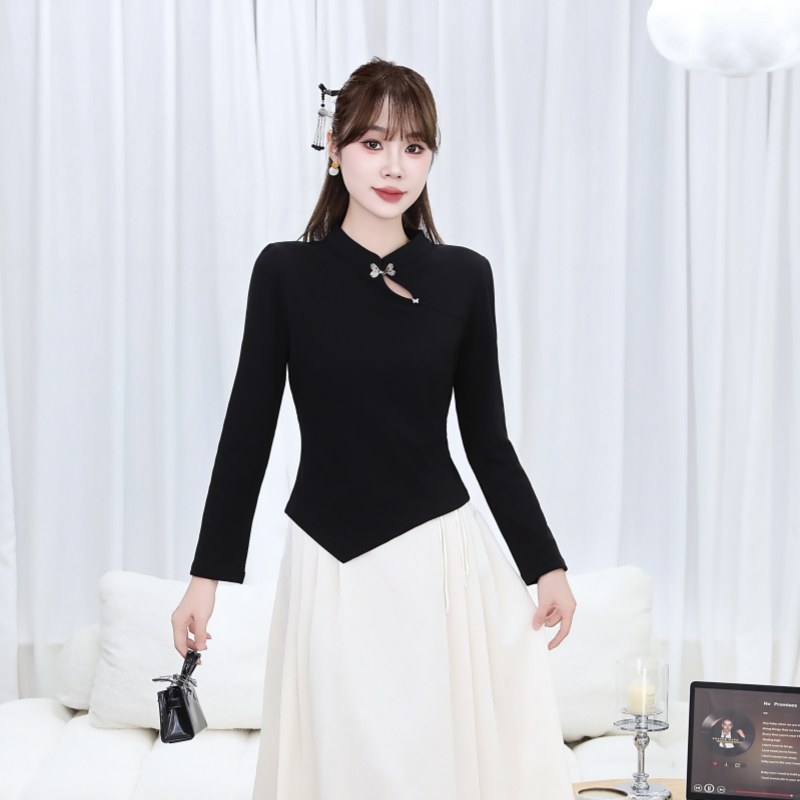 黑色新中式长袖t恤女国风秋冬新款时尚气质显瘦打底衫女内搭外穿T