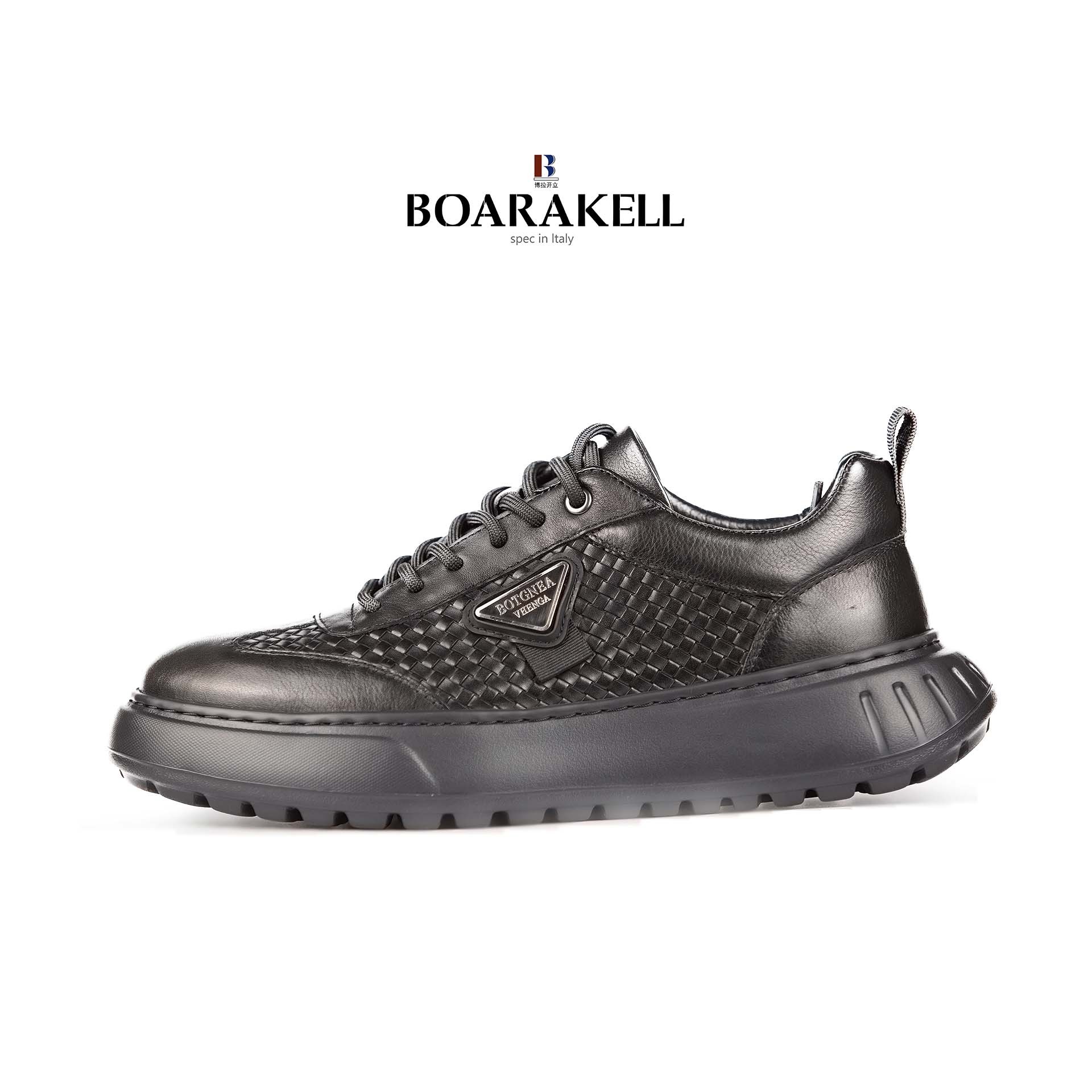 BK手工编织小牛皮商务休闲男皮鞋时尚百搭低帮潮鞋黑色