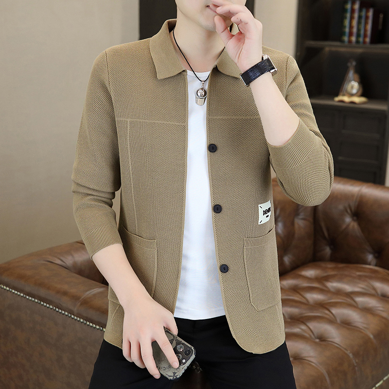 孙尚男士秋季针织开衫新款拼接休闲绣标长袖翻领针织男外套24802