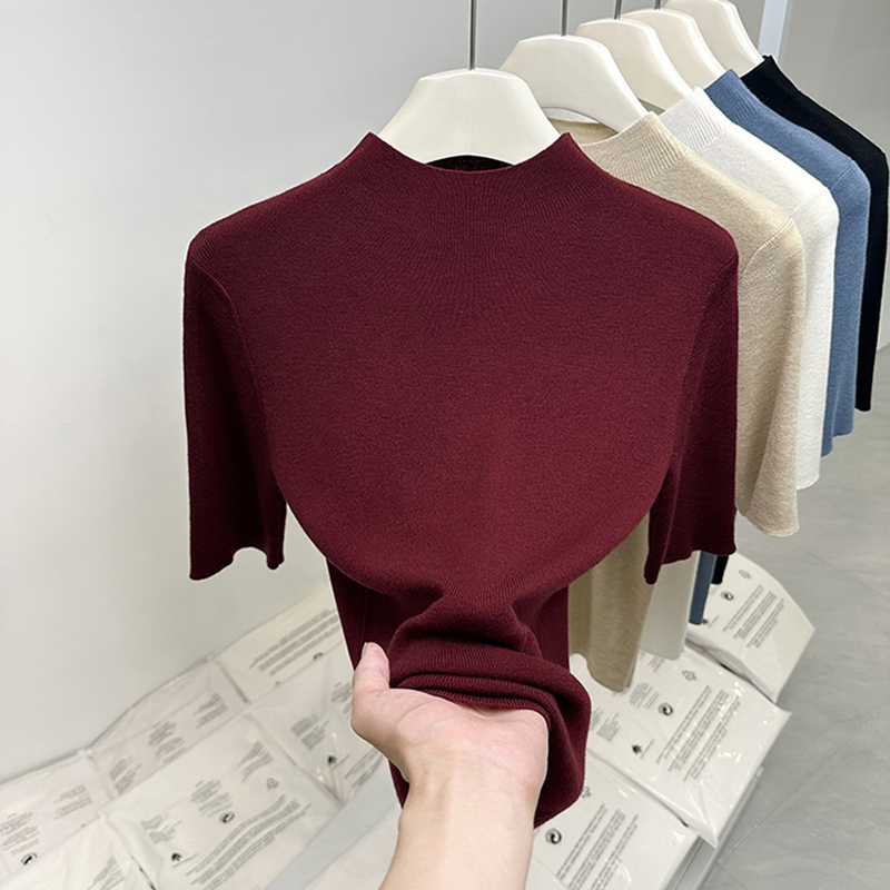 红薄款蕾丝半高领打底衫五分袖针织衫女秋季修身中袖内搭上衣潮