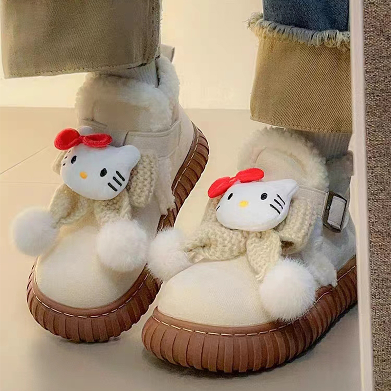 可爱kitty猫雪地靴女凯蒂猫加绒保暖洋气外穿防滑中筒棉鞋