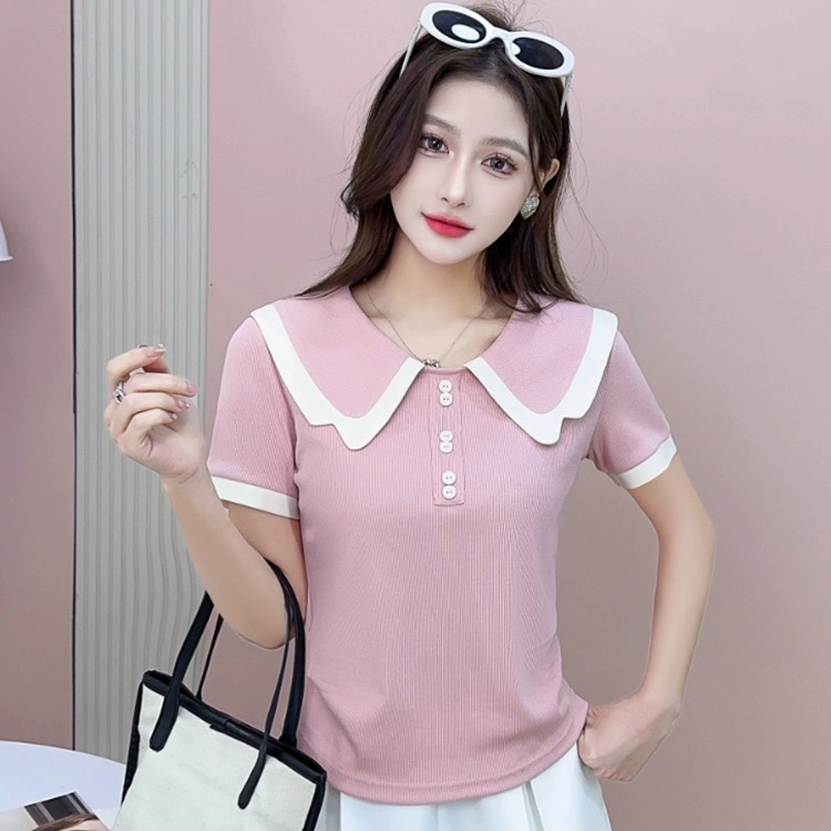 娃娃领短袖T恤女洋气减龄2024夏季新款时尚百搭休闲漂亮正肩上衣