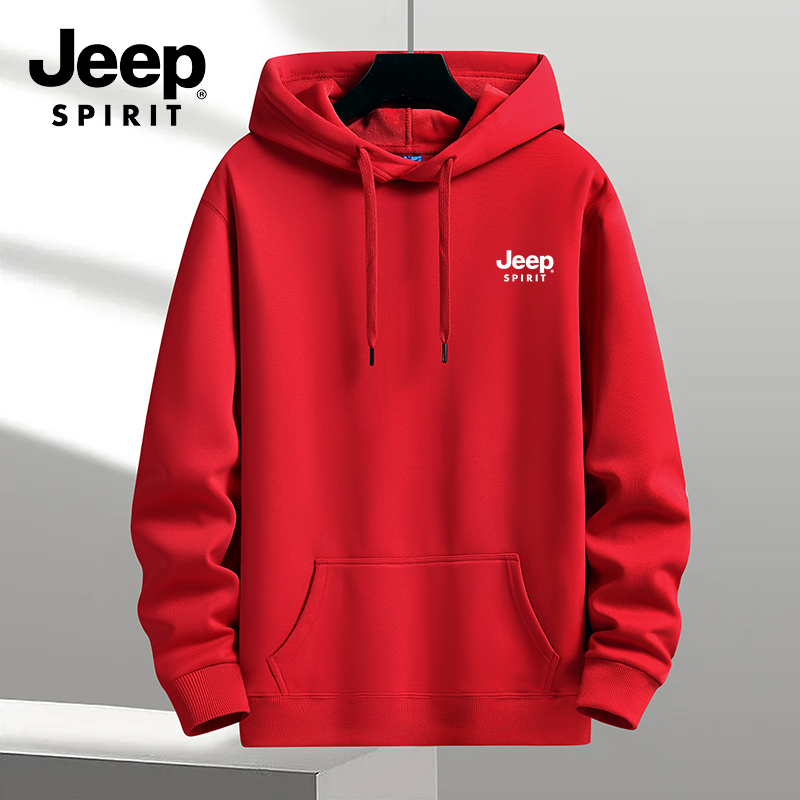 JEEP吉普秋冬季红色长袖加绒加厚连帽卫衣男时尚男装运动休闲外套