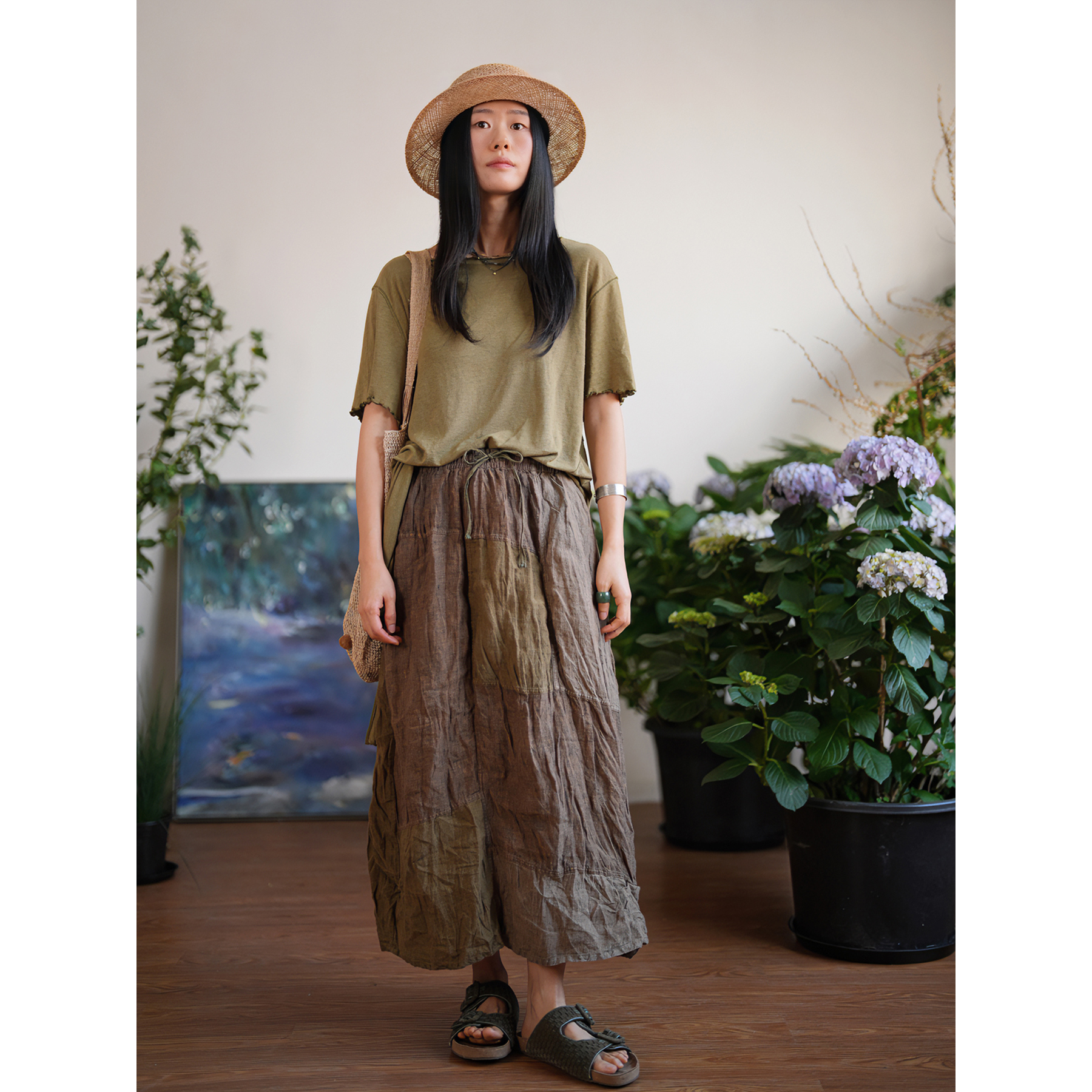 几见 原创设计春款新品拼接松紧腰半身裙子复古简约流浪风KT1423