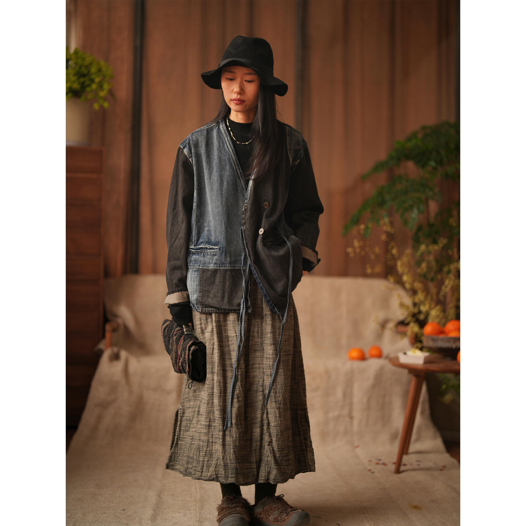 几见 原创设计新中式纯棉水洗牛仔绑带拼接短外套女款复古W31111