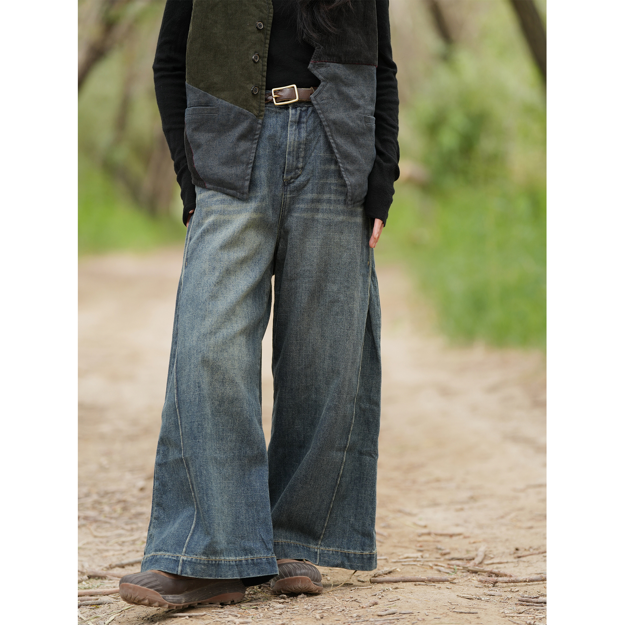 几见 原创设计秋季休闲水洗做旧棉阔腿牛仔裤女透气轻薄裤KT3446