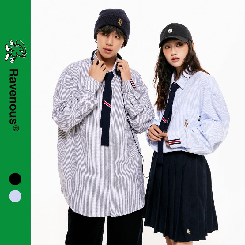 【11.11专属】Ravenous 2023年春夏学院风领带刺绣条纹衬衫男女同款