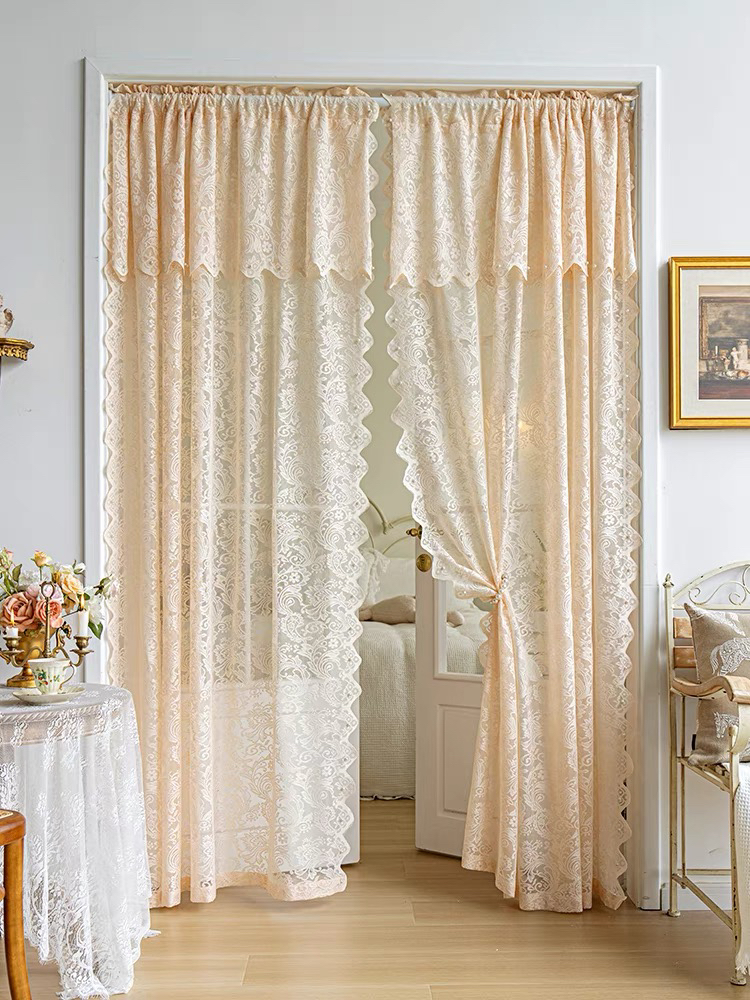 【带帘头】免打孔安装伸缩杆法式蕾丝窗帘窗纱帘防蚊门帘隔断组合装