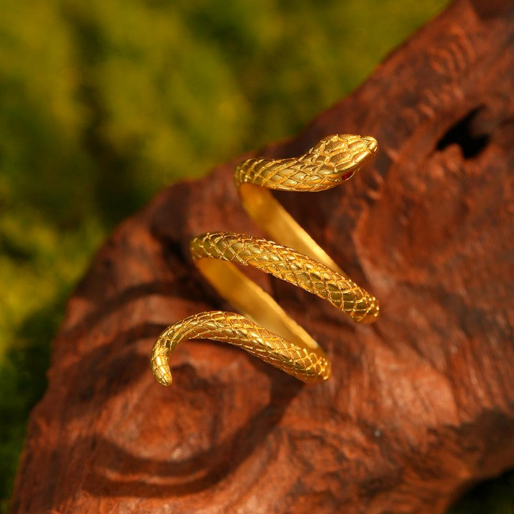 ZOCAI/佐卡伊【传世之美】古法黄金民族风指环足金999灵蛇戒指