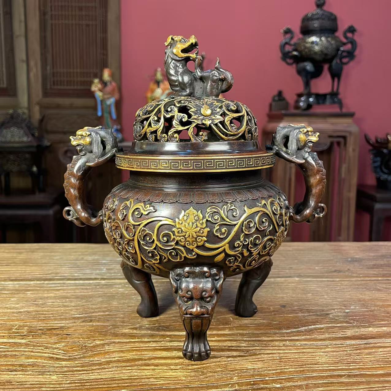 纯紫铜鎏金大明狮子炉 宣德炉摆件炉