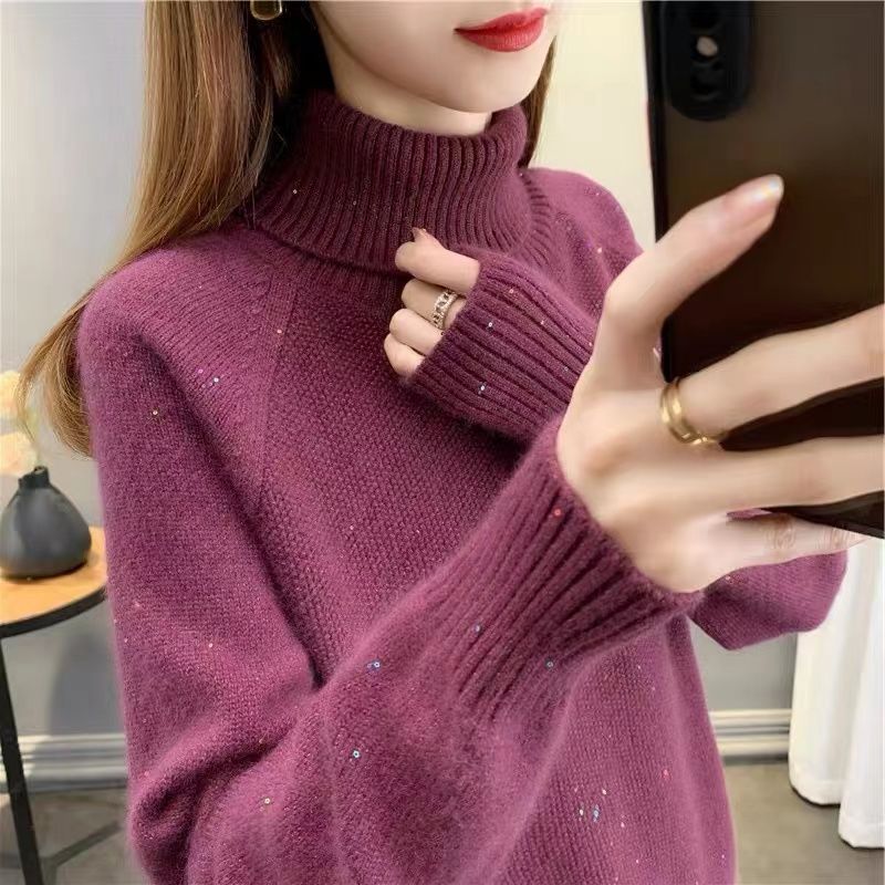 欧货秋季新款时尚亮片毛衣女设计感小众针织衫气质高领甜美上衣潮