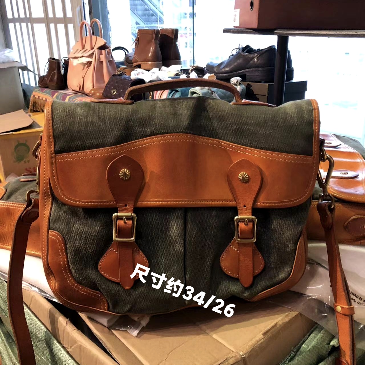 重磅复古美式邮差帆布做旧牛皮手工单肩斜挎包男士女士