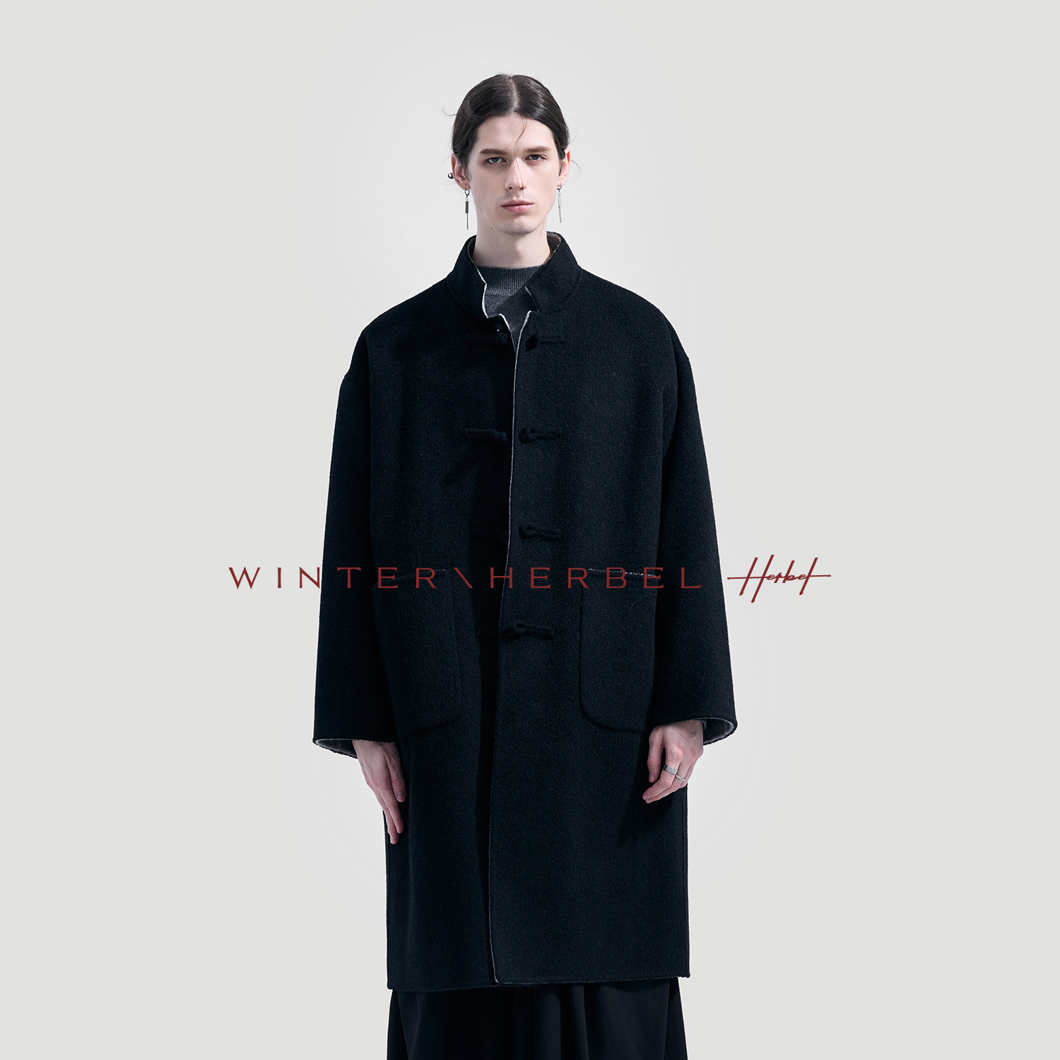 HERBEL/黑白秋冬100%绵羊毛毛呢中长款大衣 男士可双面穿外套